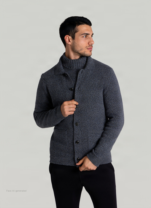 Strickjacke Knopf 1/1 Arm, Nimes Blue Frontansicht