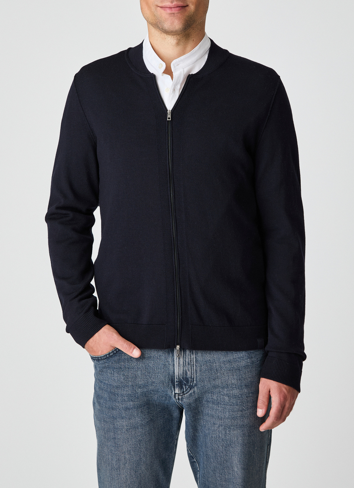 Strickjacke Zip 1/1 Arm, Navy Frontansicht