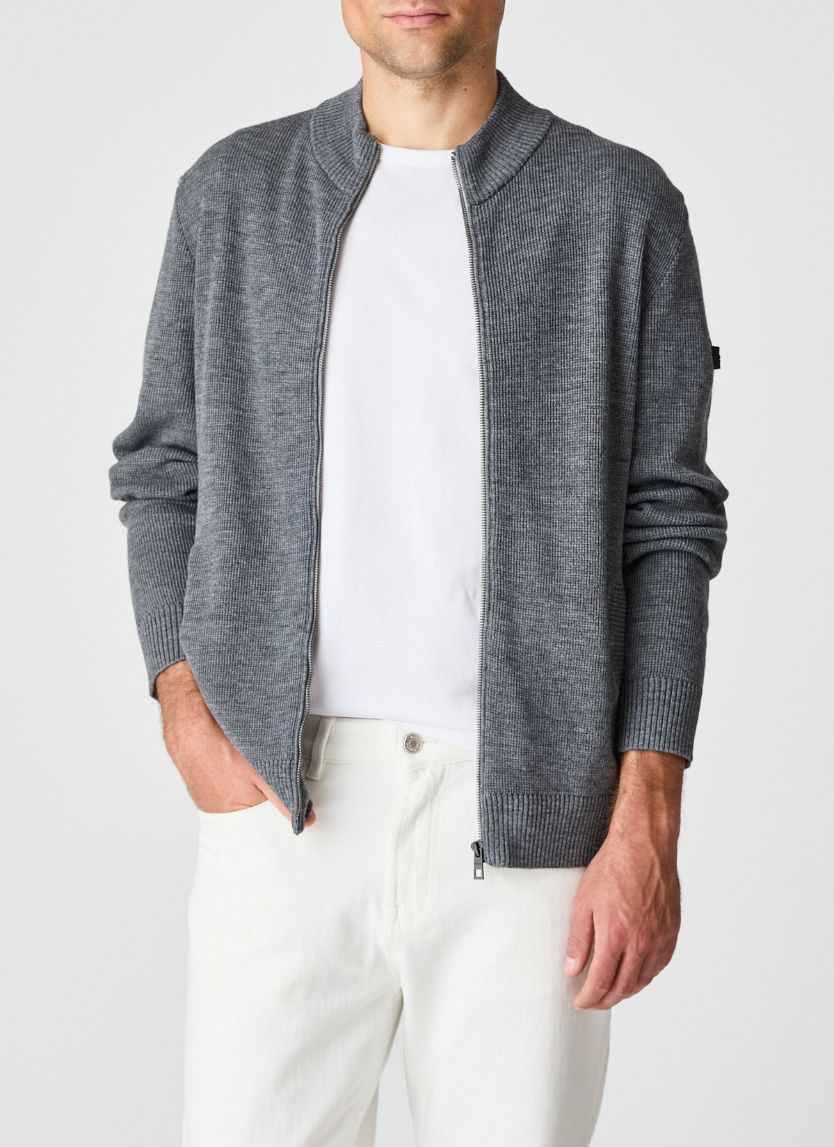 Strickjacke Zip 1/1 Arm, Smoky Grey Frontansicht