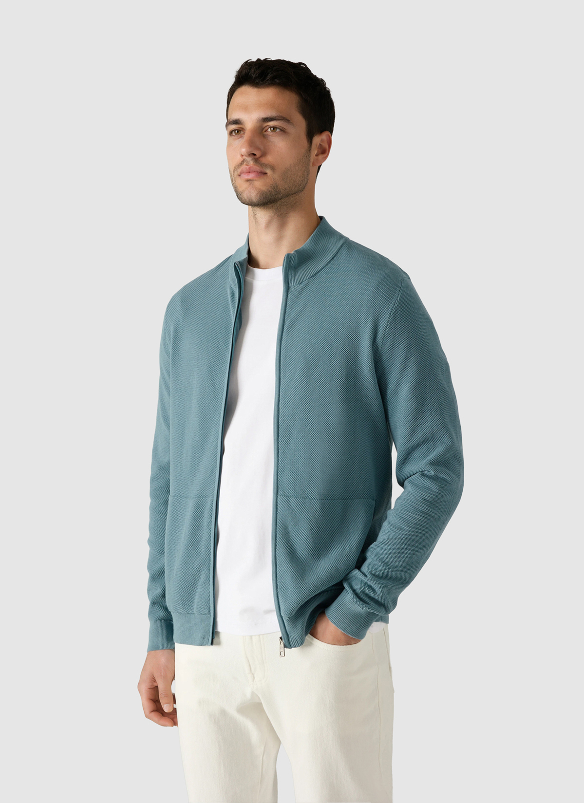 Strickjacke Zip 1/1 Arm, Pastel Turquoise Frontansicht