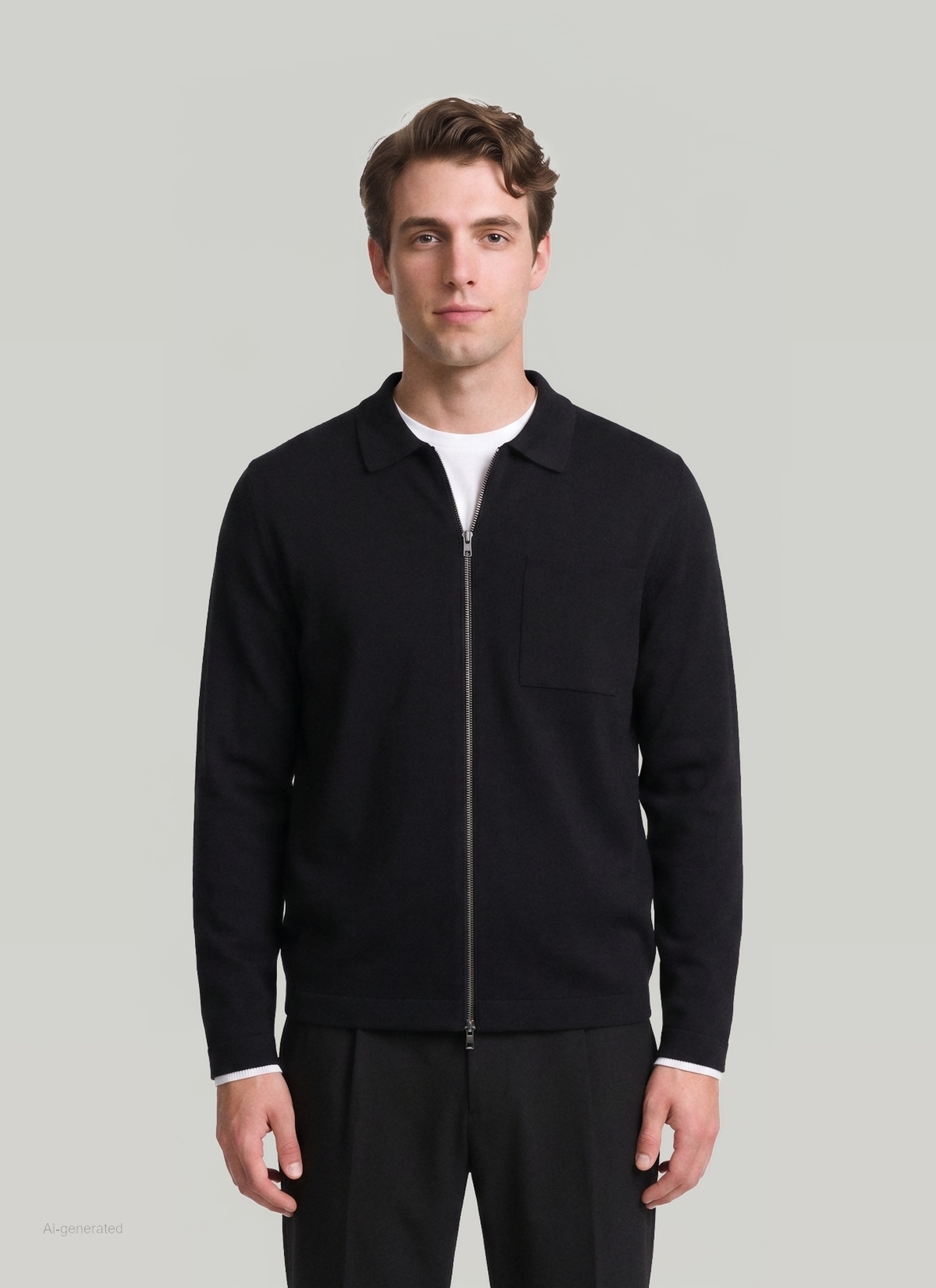 Strickjacke Zip 1/1 Arm, Black Frontansicht