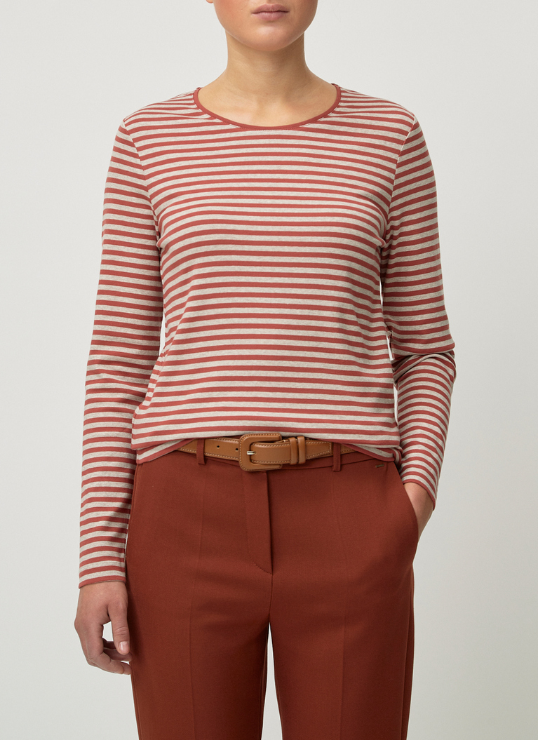 T-Shirt Rundhals, 1/1 Arm, 3/4 Arm, Carmine Red/Oat Milk Frontansicht
