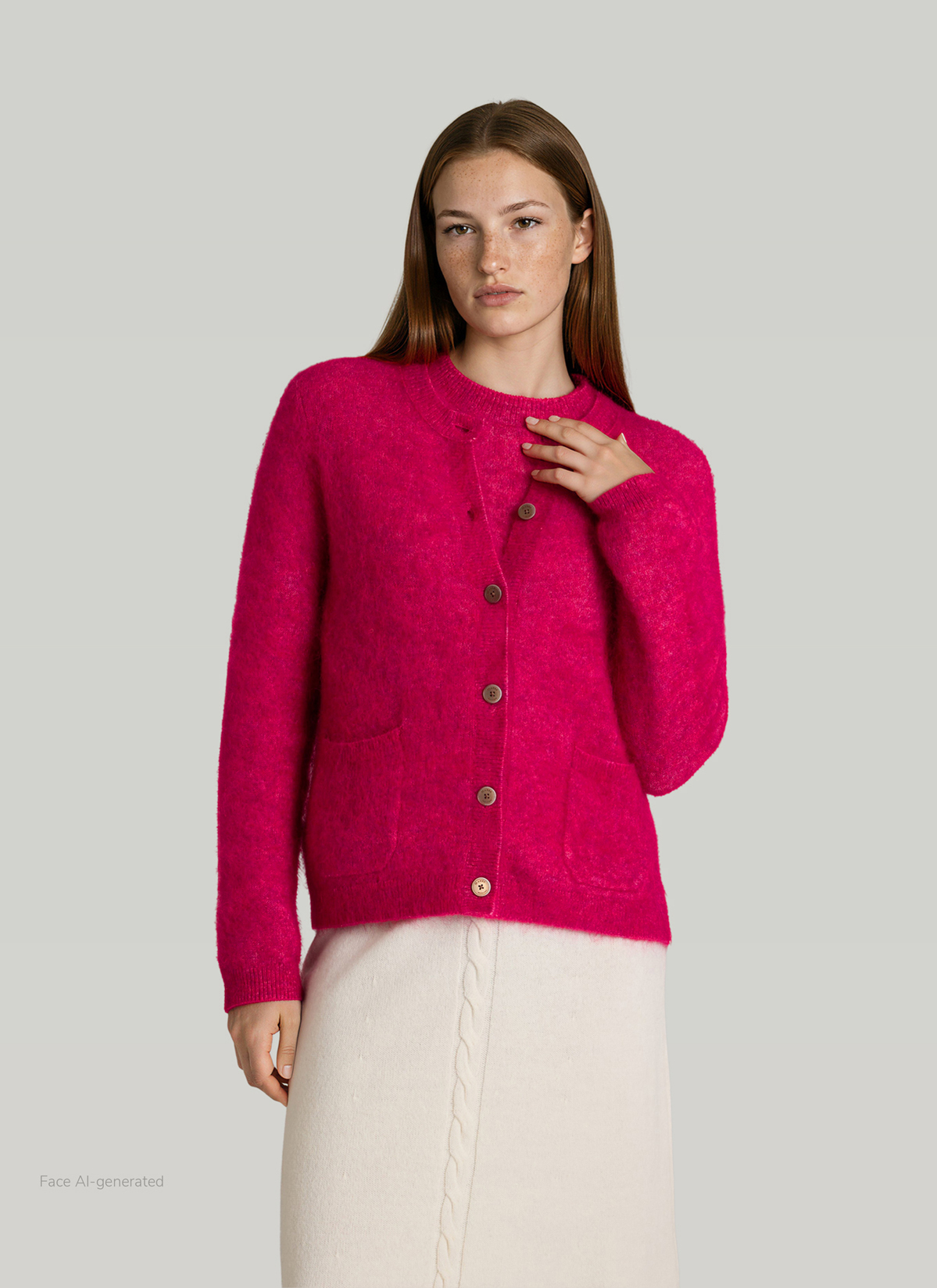 Strickjacke Knopf 1/1 Arm, Peony Red Frontansicht
