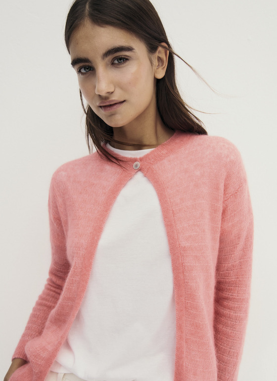 Strickjacke Knopf 1/1 Arm Flamingo Frontansicht