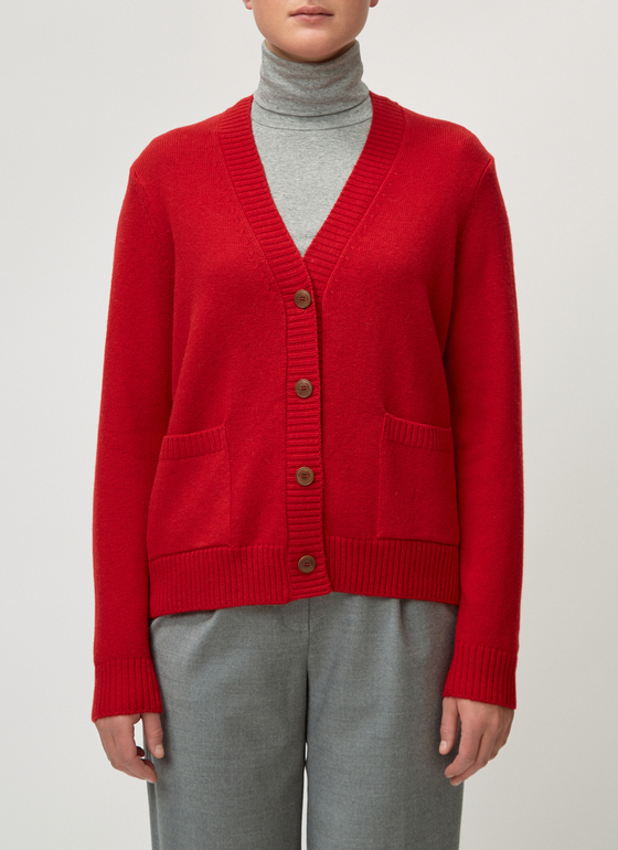 Strick Cardigan 1/1 Arm Cherry Red Frontansicht